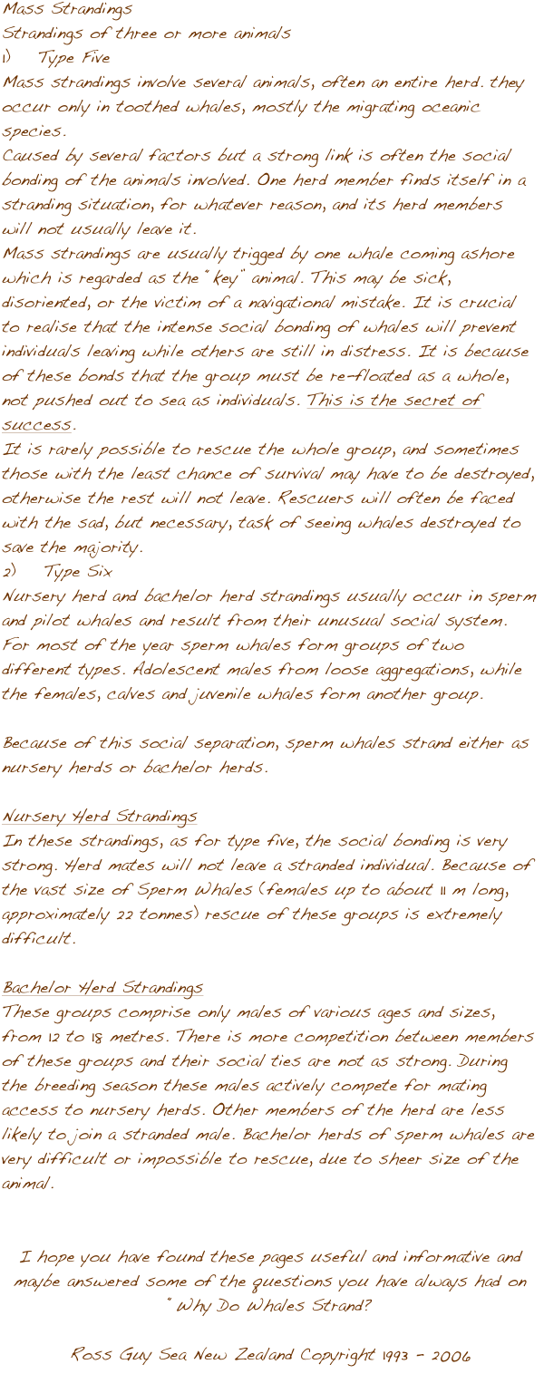 Mass Strandings
Strandings of three or more animals
1)    Type Five
Mass strandings involve several animals, often an entire herd. they occur only in toothed whales, mostly the migrating oceanic species.
Caused by several factors but a strong link is often the social bonding of the animals involved. One herd member finds itself in a stranding situation, for whatever reason, and its herd members will not usually leave it.
Mass strandings are usually trigged by one whale coming ashore which is regarded as the ݒ�key�� animal. This may be sick, disoriented, or the victim of a navigational mistake. It is crucial to realise that the intense social bonding of whales will prevent individuals leaving while others are still in distress. It is because of these bonds that the group must be re-floated as a whole, not pushed out to sea as individuals. This is the secret of success. 
It is rarely possible to rescue the whole group, and sometimes those with the least chance of survival may have to be destroyed, otherwise the rest will not leave. Rescuers will often be faced with the sad, but necessary, task of seeing whales destroyed to save the majority. 
2)    Type Six 
Nursery herd and bachelor herd strandings usually occur in sperm and pilot whales and result from their unusual social system. For most of the year sperm whales form groups of two different types. Adolescent males from loose aggregations, while the females, calves and juvenile whales form another group.

Because of this social separation, sperm whales strand either as nursery herds or bachelor herds. 

Nursery Herd Strandings 
In these strandings, as for type five, the social bonding is very strong. Herd mates will not leave a stranded individual. Because of the vast size of Sperm Whales (females up to about 11 m long, approximately 22 tonnes) rescue of these groups is extremely difficult. 

Bachelor Herd Strandings
These groups comprise only males of various ages and sizes, from 12 to 18 metres. There is more competition between members of these groups and their social ties are not as strong. During the breeding season these males actively compete for mating access to nursery herds. Other members of the herd are less likely to join a stranded male. Bachelor herds of sperm whales are very difficult or impossible to rescue, due to sheer size of the animal.


I hope you have found these pages useful and informative and maybe answered some of the questions you have always had on ��Why Do Whales Strand?

Ross Guy Sea New Zealand Copyright 1993 - 2006